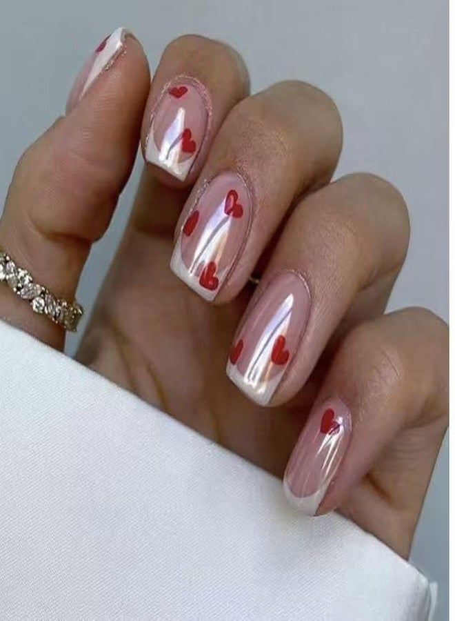 Sevgob Press on Nails Valentines Short Square Fake Nails with Heart Design Love Glue on Nails Reusable Full Cover Nails for Women Girls Manicure 24pcs BAQ10 - Image 1